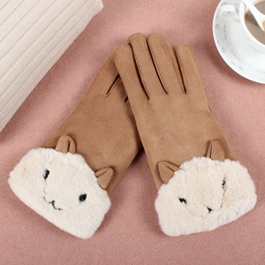 Warm brown faux suede gloves for women featuring cute animal plush trim and touchscreen fingers