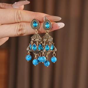 Detail of vintage chandelier earrings with sea blue crystal and turquoise beads