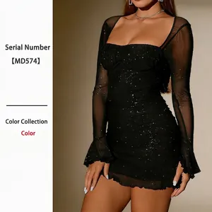 Sequin Mini Dress Mesh Sheer Long Sleeve Square Neck Ruched Backless Bodycon Ruffle Hem Sexy Party Banquet For Women