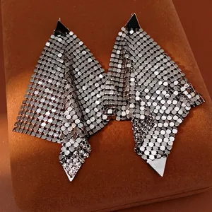 Metal Mesh Tassel Drop Earrings With Silver Earring Post Geometric Triangle For Women Punk Fashion