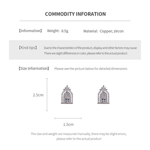 Detailed size chart showing 2.5cm x 1.5cm copper and zircon geometric earrings