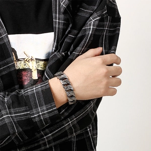 Vintage stainless steel chunky bracelet for men with engraved patterns and silver finish