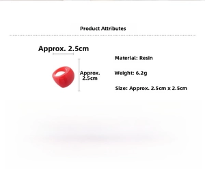 Detailed specs of red resin square ring showing material, 2.5cm size and 6.2g weight