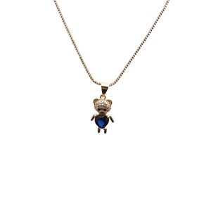 Collier ours doré avec zircone micro-incrustée et pendentif cœur bleu gemme