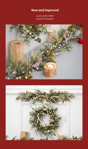 Close-up of Christmas garland with pine cones, white berries, and deer antlers