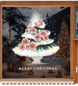 Detail of pink floral Christmas tree static window sticker with Merry Christmas text
