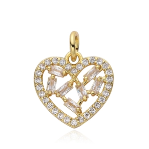 Elegant gold heart pendant with white zircon inlays on a clean white reflective background