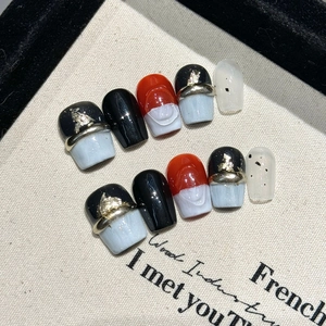 Handmade Press-on Nails With Gold Foil Marble Smudge Dark High-end Short Square Round Style Reusable False Nails For Women