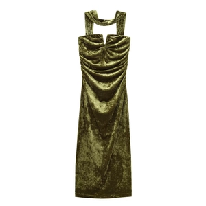 Women Velvet Halter Ruched Maxi Dress V Neck Slim Fit Elegant Moss Green Solid Color Evening Party