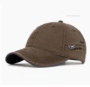 Detail view of coffee cotton baseball cap showing WIDEN embroidery and texture