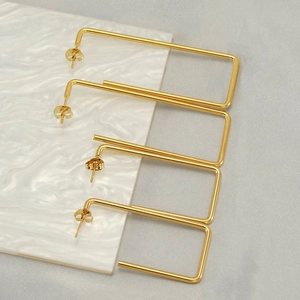 Polished gold geometric rectangular hoop earrings in stainless steel for women