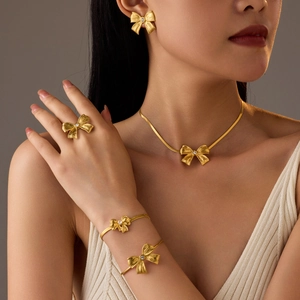 Gioielli in Acciaio Inossidabile a Fiocco per Donna Oro Strass Collana a Farfalla Orecchini Anello Bracciale Accessorio