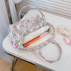 Detailed interior view of pink floral jacquard tote bag with soft cotton lining