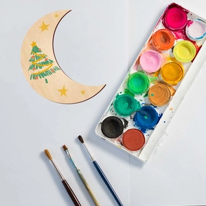 Bastelholz Mond mit Sternen und Weihnachtsbaum Motiven, inkl. Pinseln und Farben