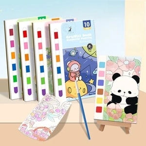 Detail of 10-page watercolor paint coloring book set with built-in palette and brush