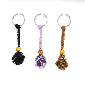 Natural Crystal Raw Stone Keychain Handmade Macrame Net Healing Gemstone Wood Bead Adjustable Bag Pendant