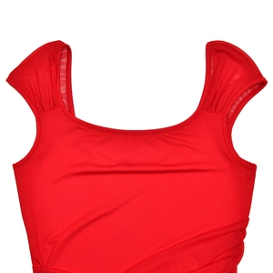 Detail view of red mesh top featuring square neckline and elegant pleated sleeve texture