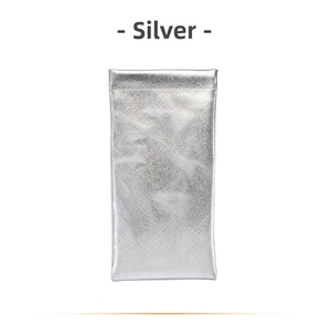 Detailed close-up of silver PU leather sunglasses pouch with cross-grain texture