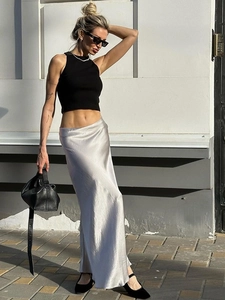 Gonna In Raso Da Donna Vita Alta Lucentezza Setosa Coda Di Pesce Midi Lunga Ufficio Elegante Stile Minimalista