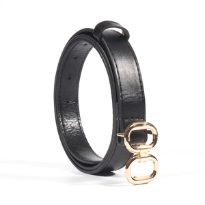 Stylish black PU leather belt for women featuring a gold double-ring buckle on white background