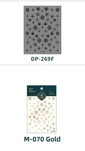 Detail of DP-269F black heart stickers and M-070 gold 3D embossed nail art decals