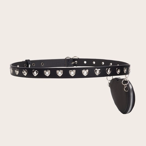 Women's black punk belt with silver heart studs and detachable heart-shaped pouch bag