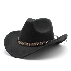 Classic black wide brim western cowboy hat with ethnic style woven band and metal buckle