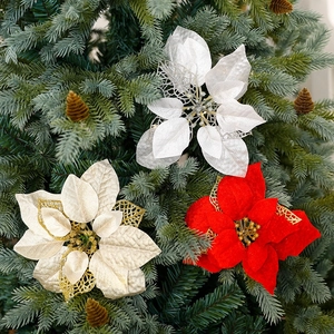 Artificial Christmas Poinsettia Flowers Glitter Hollow Fabric Plastic Sparkly Christmas Tree Ornaments Holiday Party Home Decor