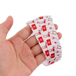 Close-up of durable medical theme lanyard with stethoscope and syringe pattern prints