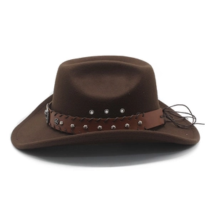 Brown wool felt Western cowboy hat with star-studded leather band and curved brim