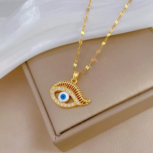 Titanium steel evil eye pendant necklace with sparkling crystals and blue enamel detail