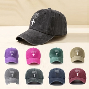 Matrix view of multiple washed cotton baseball caps in nine colors with cross print