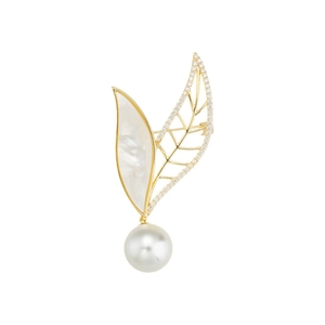 18K gold plated leaf brooch featuring mother of pearl and a dangling white pearl
