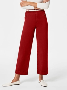 High waist dark red wide-leg straight denim pants with a white belt and cotton twill texture
