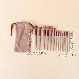 Detailed dimension guide for 14pcs makeup brushes set with a brown velvet drawstring pouch
