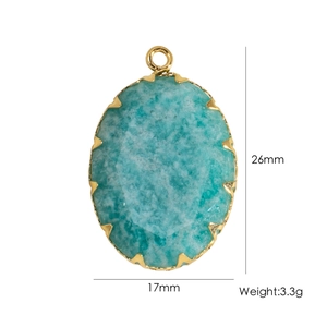 Detailed view of turquoise oval stone pendant with gold bezel including dimensions 26x17mm
