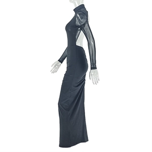 Detail of high neck black slim fit dress with sheer mesh long sleeves and open back design