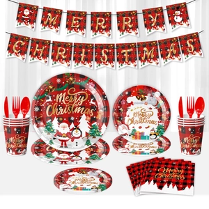 Christmas Party Buffalo Check Pattern Paper Plates Cups Napkins And Plastic Knife Fork Spoon Holiday Gathering Decor