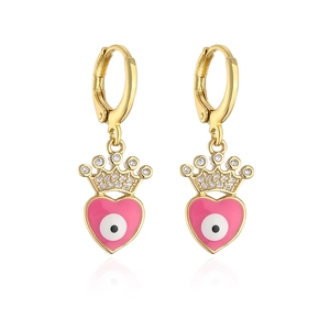 Detailed view of gold huggie earrings featuring crown and pink heart evil eye pendants