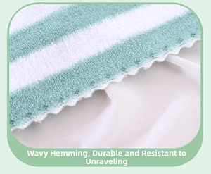 Detail of green striped coral fleece towel with durable scalloped wavy edge stitching