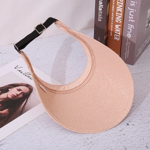 Verstellbarer beige Strohvisier-Sonnenhut für Damen mit schwarzem Gummiband und Schnalle