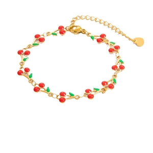 18k gold-plated stainless steel cherry charm bracelet with colorful enamel fruits