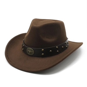 Cappello Da Cowboy Western Feltro Di Lana Fedora Fascia In Pelle Borchie In Metallo Distintivo Testa Di Toro Vintage