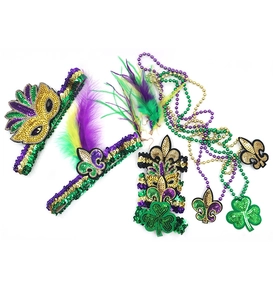 Detailed set of Mardi Gras festive accessories with purple green and gold feathers