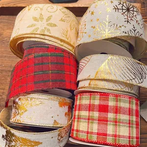 Christmas plaid burlap ribbons with gold snowflake and tree prints for DIY decor