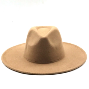 Detail of camel wool fedora hat showing teardrop crown and fine stitching on the brim
