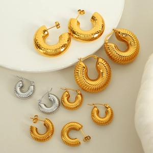 Chunky Hoop Earrings Women 18K Gold Plated Stainless Steel Textured Hammered Irregular Hollow C Shaped Fashion Jewelry