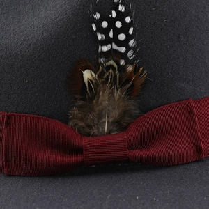 Filzhut für Damen und Herren mit weinrotem Ripsband und echtem Feder-Detail Makro