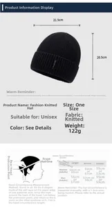Size guide for winter knit beanie with head circumference measurements and dimensions