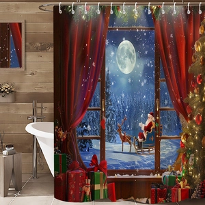 Detailed Santa Claus on reindeer sleigh pattern on a high-quality festive bathroom shower curtain